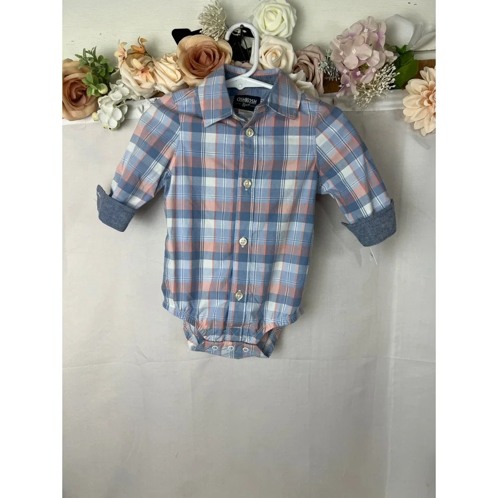 OshKosh Bgosh Baby Boys Blue Orange Plaid Button Down Bodysuit 9M NWT